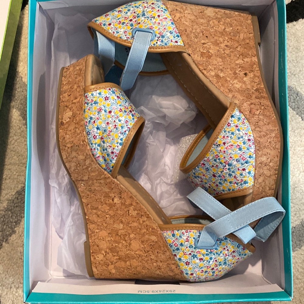 Floral and blue heels. NEVER BEEN WORN